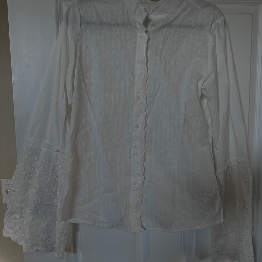 White Lace-Trim Button Front Blouse
